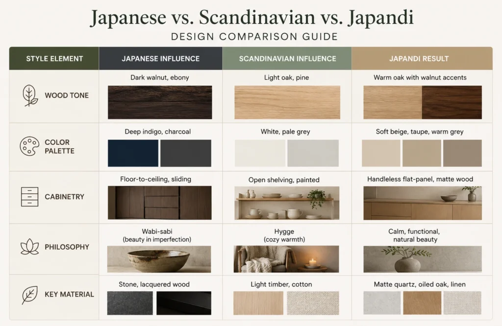 Comparison table showing Japanese, Scandinavian, and Japandi kitchen design elements including wood tones, color palettes, cabinetry, philosophy, and materials.

