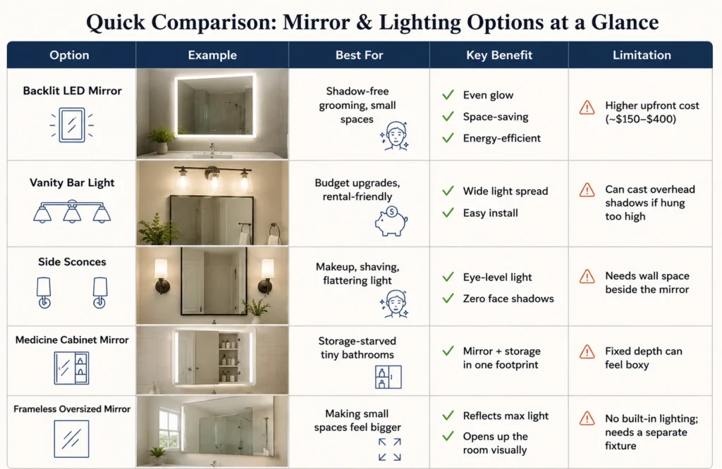 Comparison table infographic showing five small bathroom mirror and lighting options including backlit LED mirrors, vanity bar lights, side sconces, medicine cabinet mirrors, and oversized frameless mirrors with examples, benefits, best use cases, and limitations for compact bathrooms.