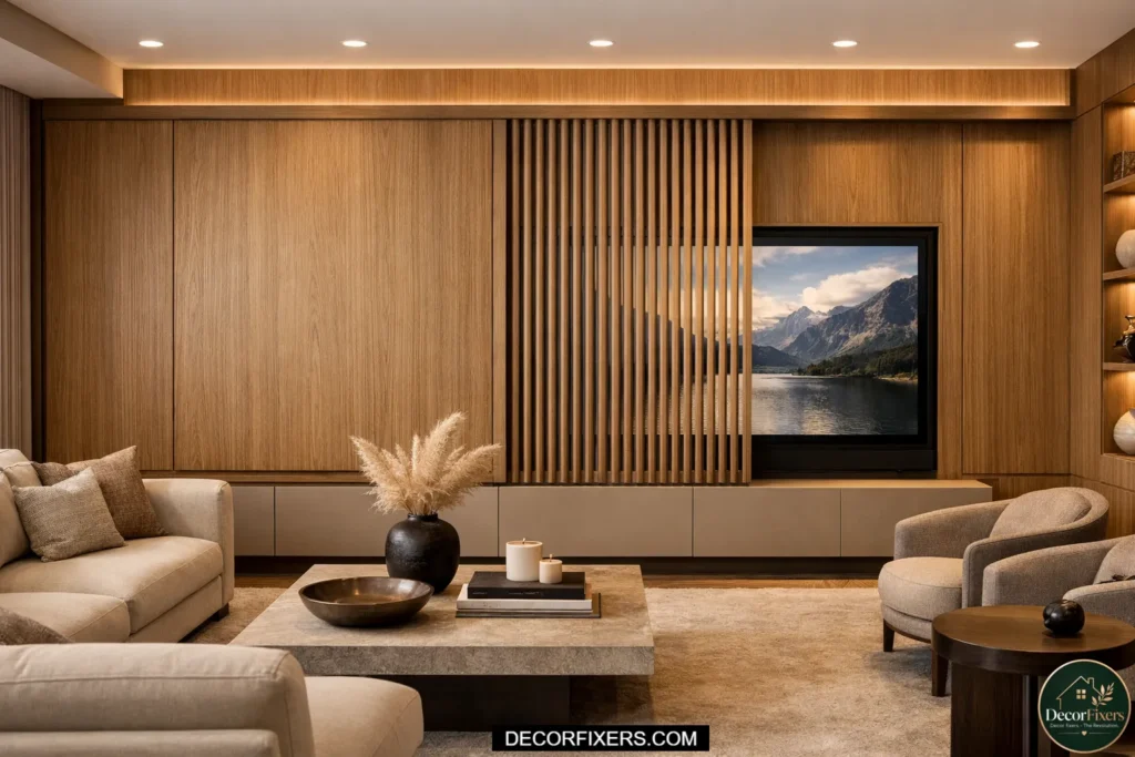 A living room TV hidden behind a manual sliding decorative panel on a barn door track system, with the panel closed to conceal the screen and reveal a large artwork surface