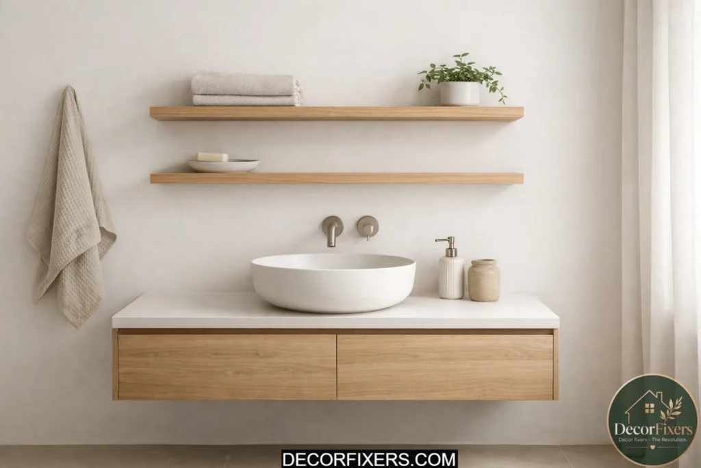 Scandinavian bathroom with hidden storage and clutter-free countertops.