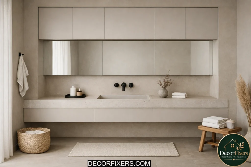 Minimal Japandi bathroom with hidden storage and clean surfaces