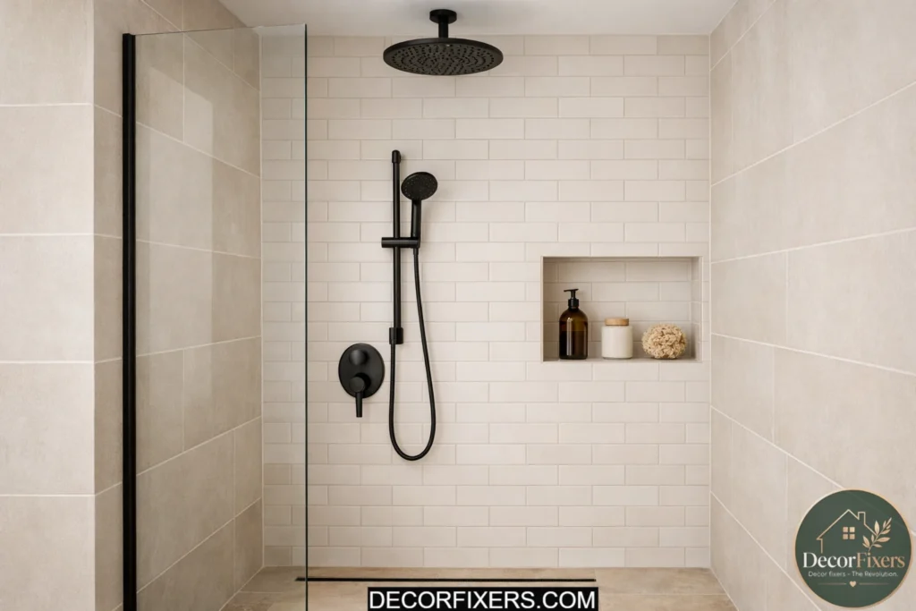 Scandinavian bathroom featuring concrete and natural stone flooring.
