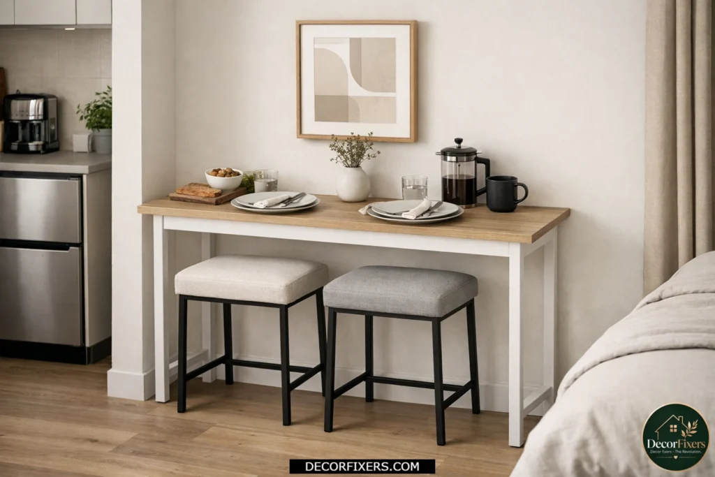 Tiny dining area using a narrow console table as a compact dining surface.