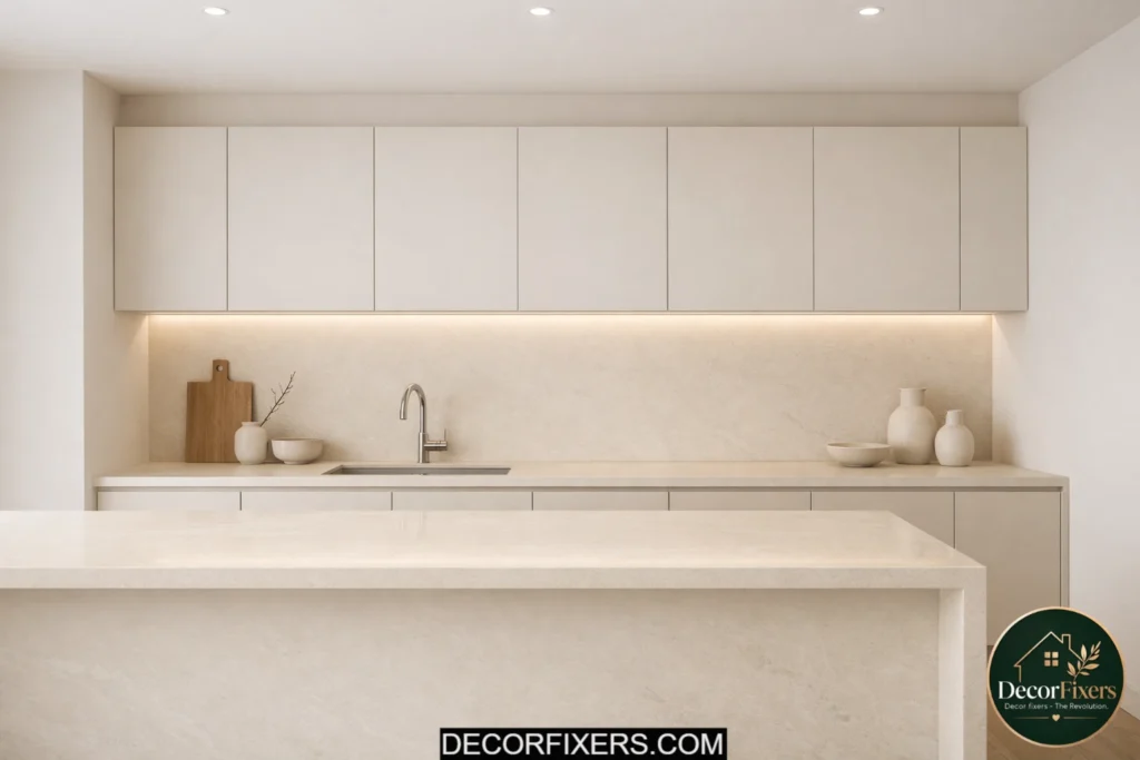 Minimalist kitchen with matching countertop and backsplash for seamless design