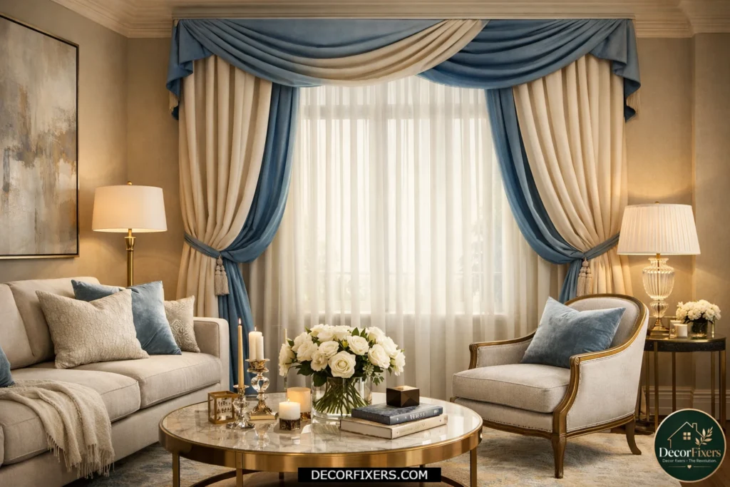 Cream curtains with contrast lining in a designer living room.