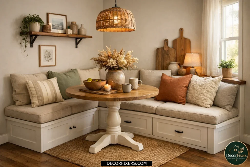 Tiny dining room with a built-in corner banquette bench and hidden storage underneath.