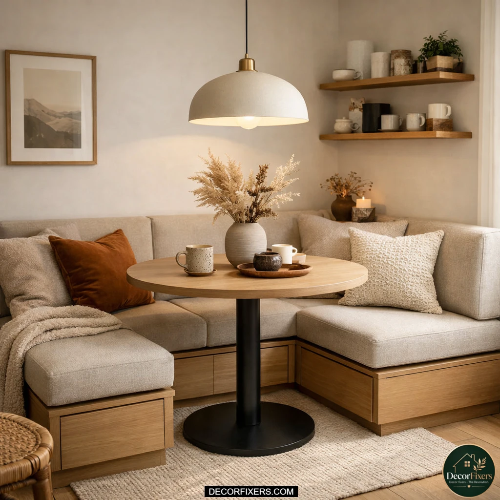 Corner banquette seating in compact modern dining room