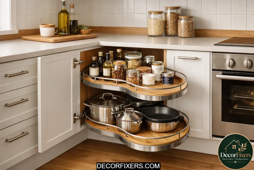 Kidney-shaped lazy Susan improving access inside corner kitchen cabinets