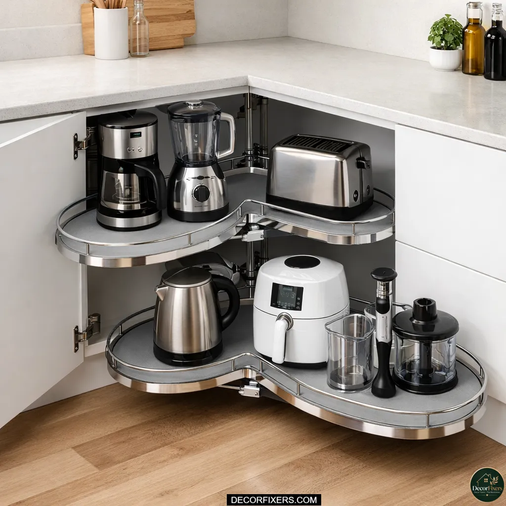 A blind corner kitchen cabinet fitted with a Le Mans swivel accessory, with shelves swinging outward to reveal stored appliances