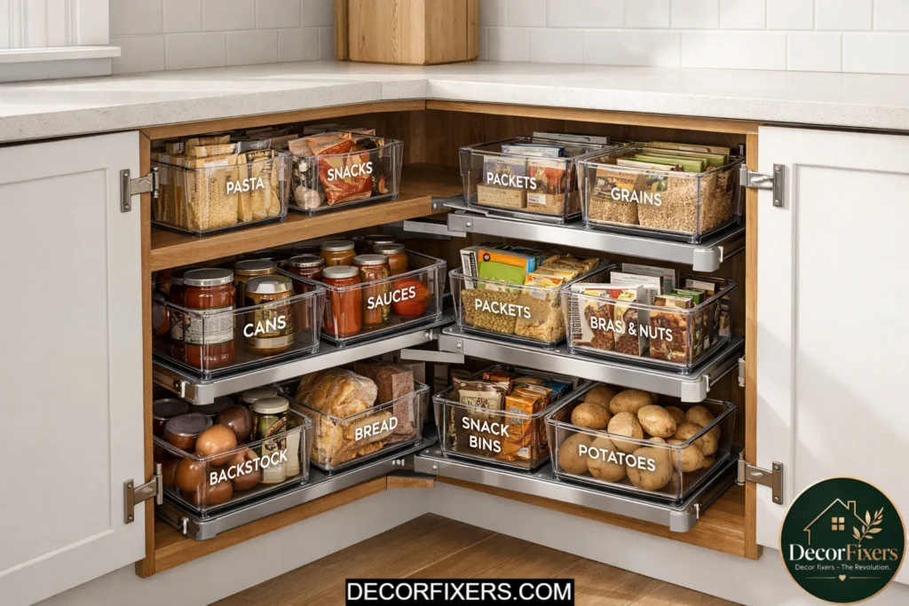 Clear organizer bins creating order inside a deep corner kitchen cabinet