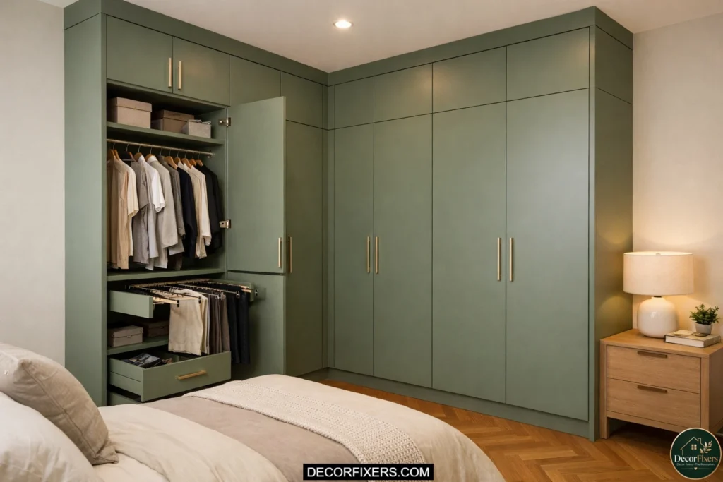 L-shaped corner wardrobe maximizing storage in a modern bedroom.