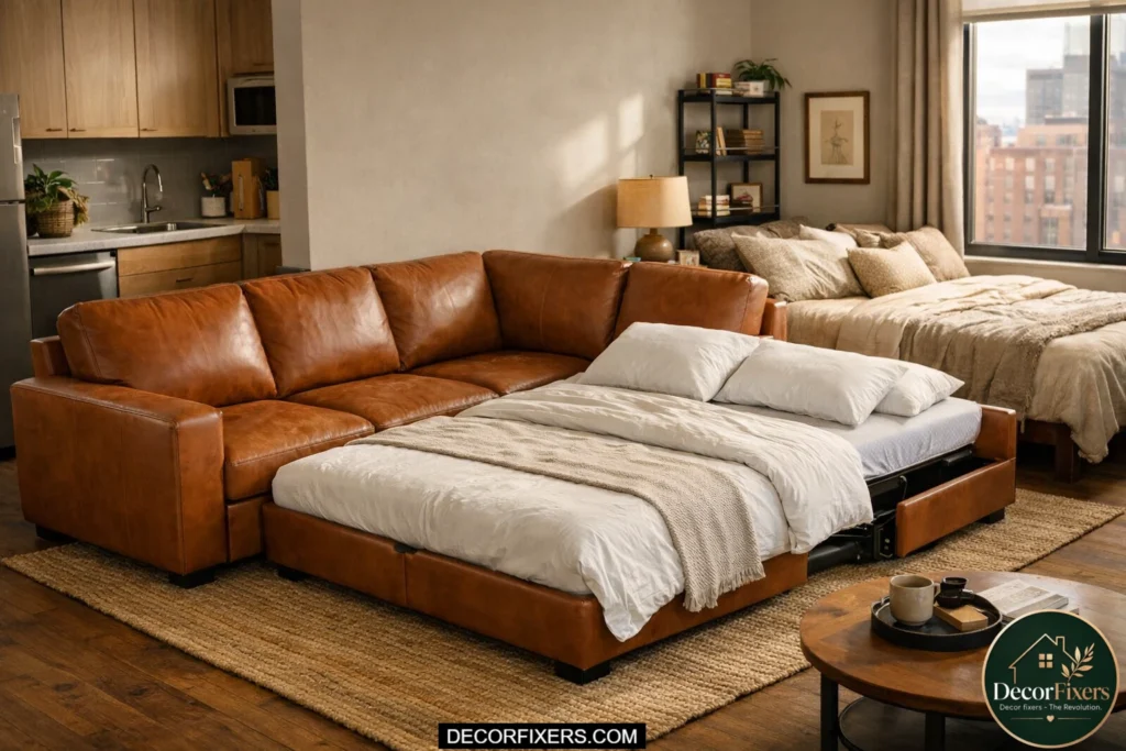 L-shaped cognac leather sleeper sectional placed in a small apartment corner.