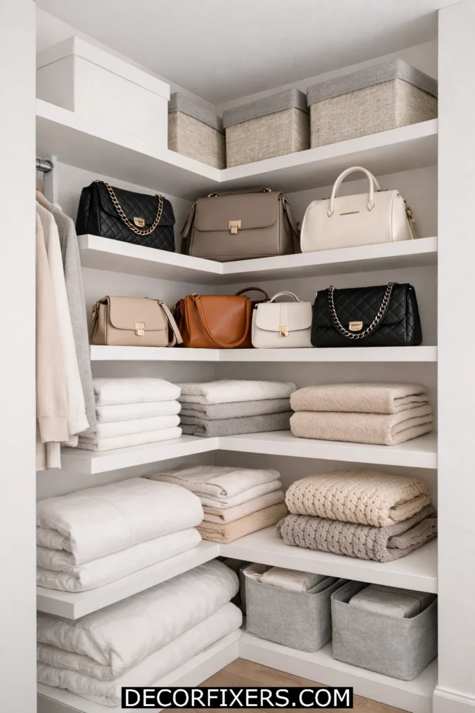Corner shelf tower maximizing unused upper closet corner storage space.