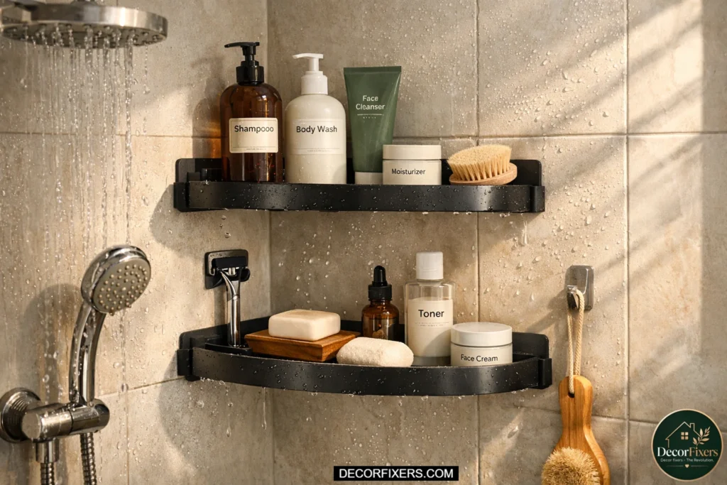 Modern bathroom shower with adhesive-mounted corner shelves holding shampoo, razors, soap, and skincare products on clean tile walls