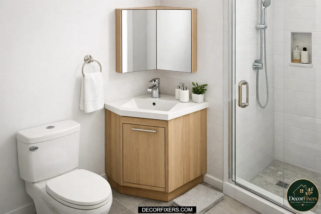 Corner bathroom vanity maximizing unused diagonal wall space
