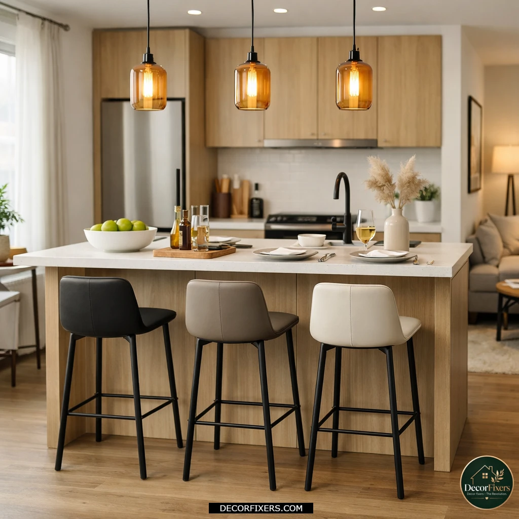 Counter-height dining table with bar stools in a small open-plan apartment.