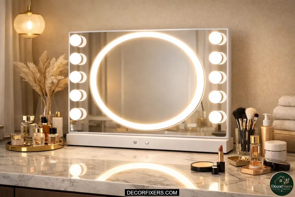 Countertop vanity mirror with built-in lighting for bathroom makeup setup