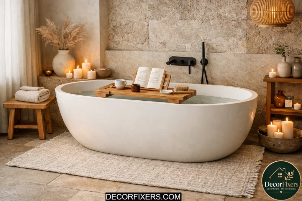 Cozy Japandi bathroom with candles, linen textures, and warm lighting