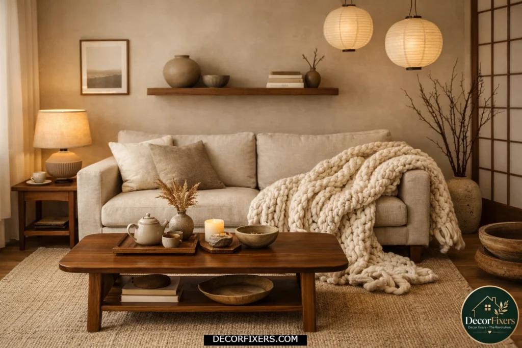 Cozy Japandi living room with a chunky wool blanket on the sofa