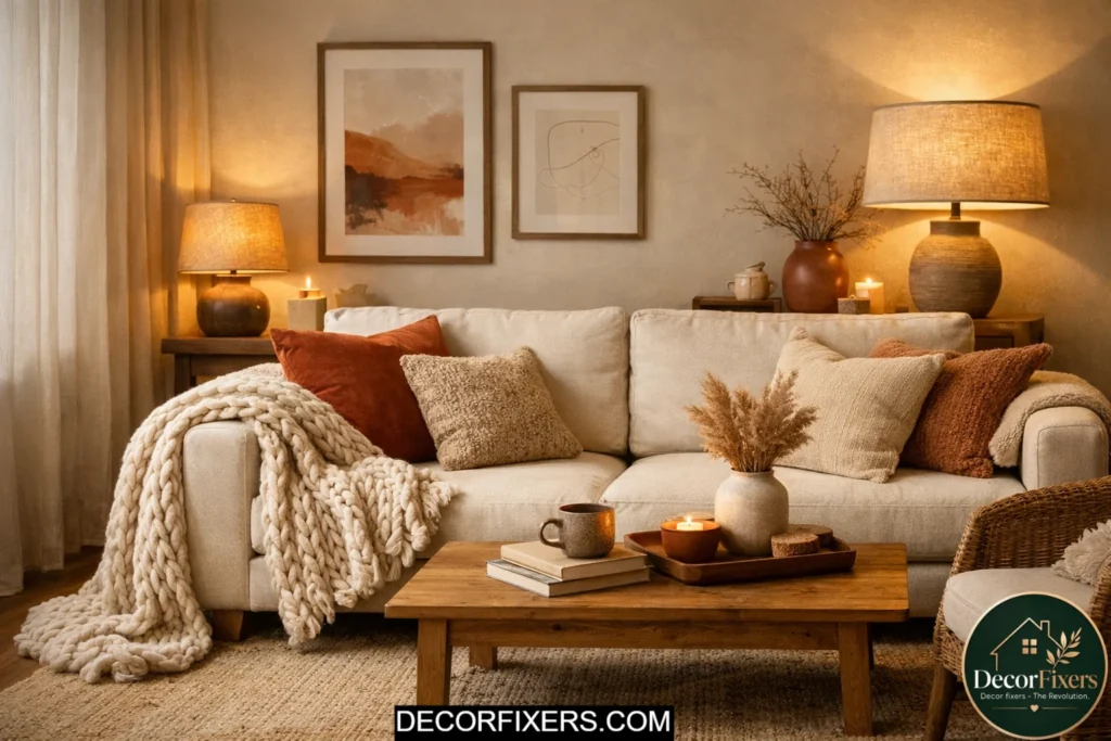 Cozy throw blanket draped over sofa in budget living room design