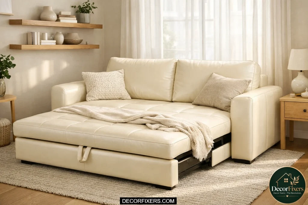 Cream faux leather sofa bed brightening a tiny apartment living room.
