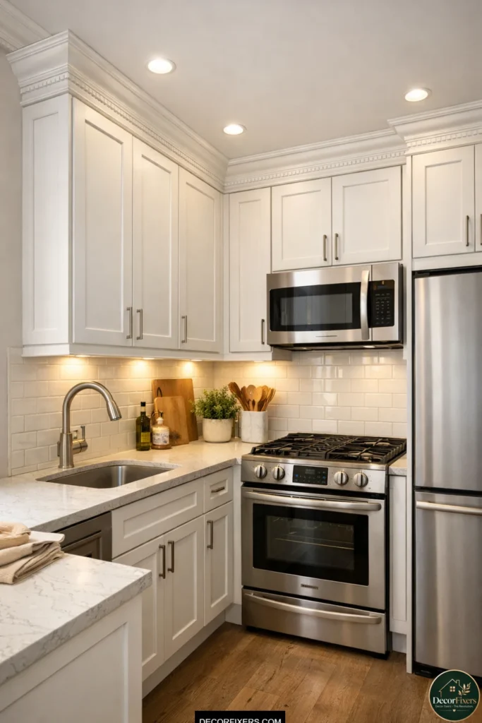 Crown molding making stock kitchen cabinets look built-in and custom