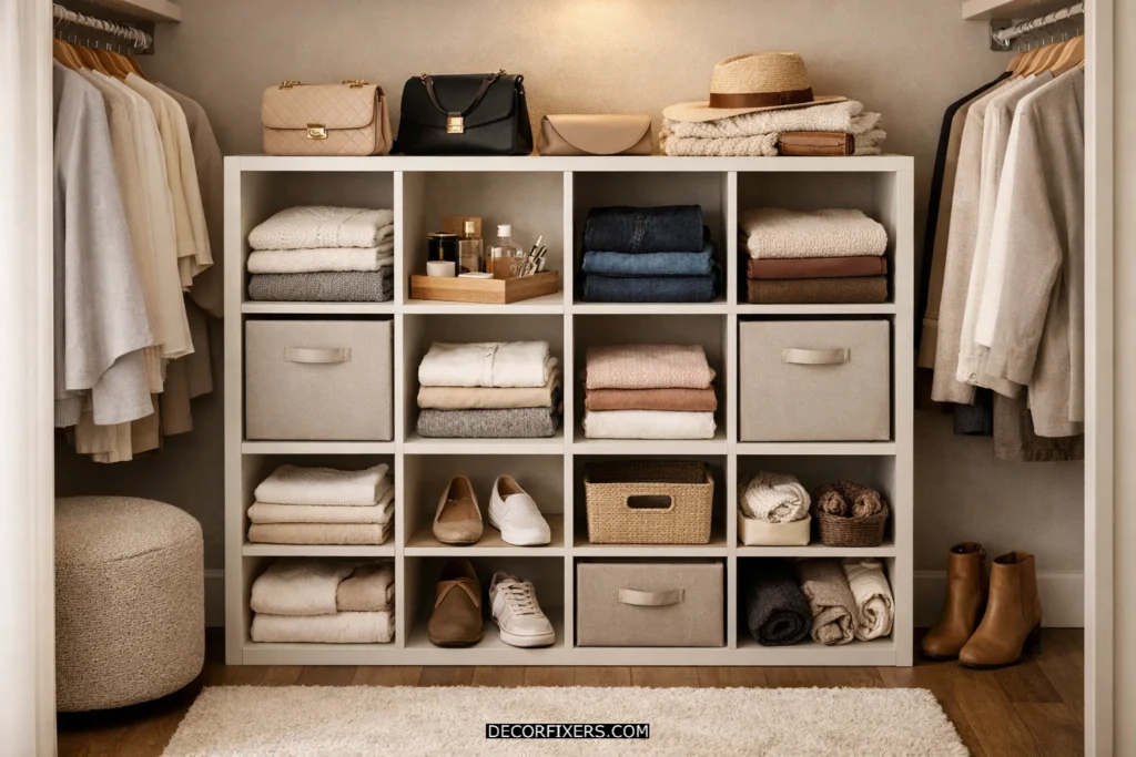 Cube organizer with fabric bins used as closet drawers.