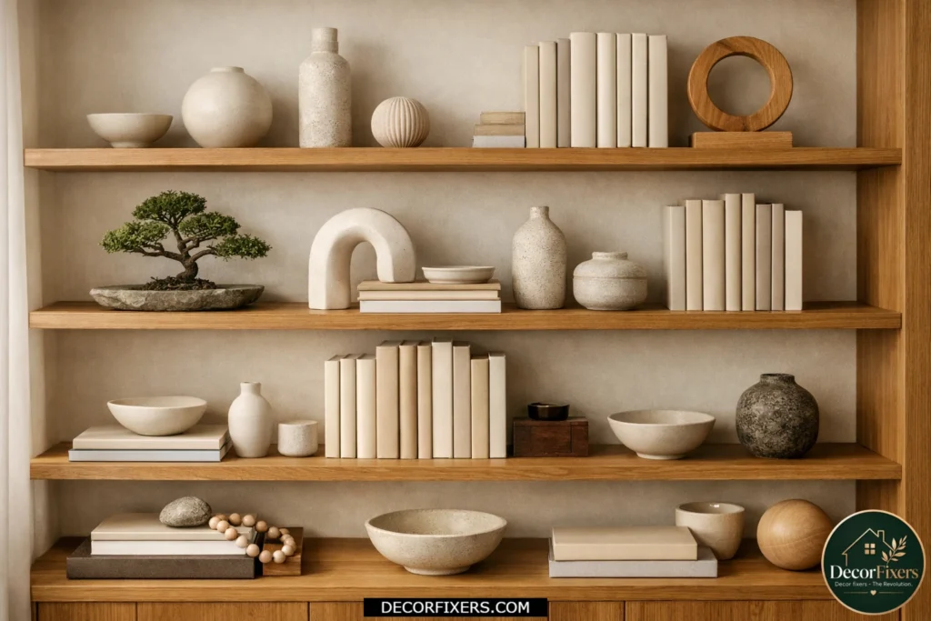Japandi bookshelf styling with books ceramics and bonsai plant