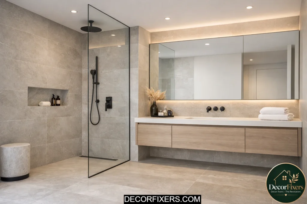 Curbless walk-in shower in a seamless minimalist bathroom layout