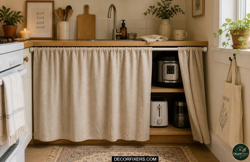 A tension rod with a linen fabric curtain panel hung across the lower section of open kitchen shelving to conceal stored appliances
