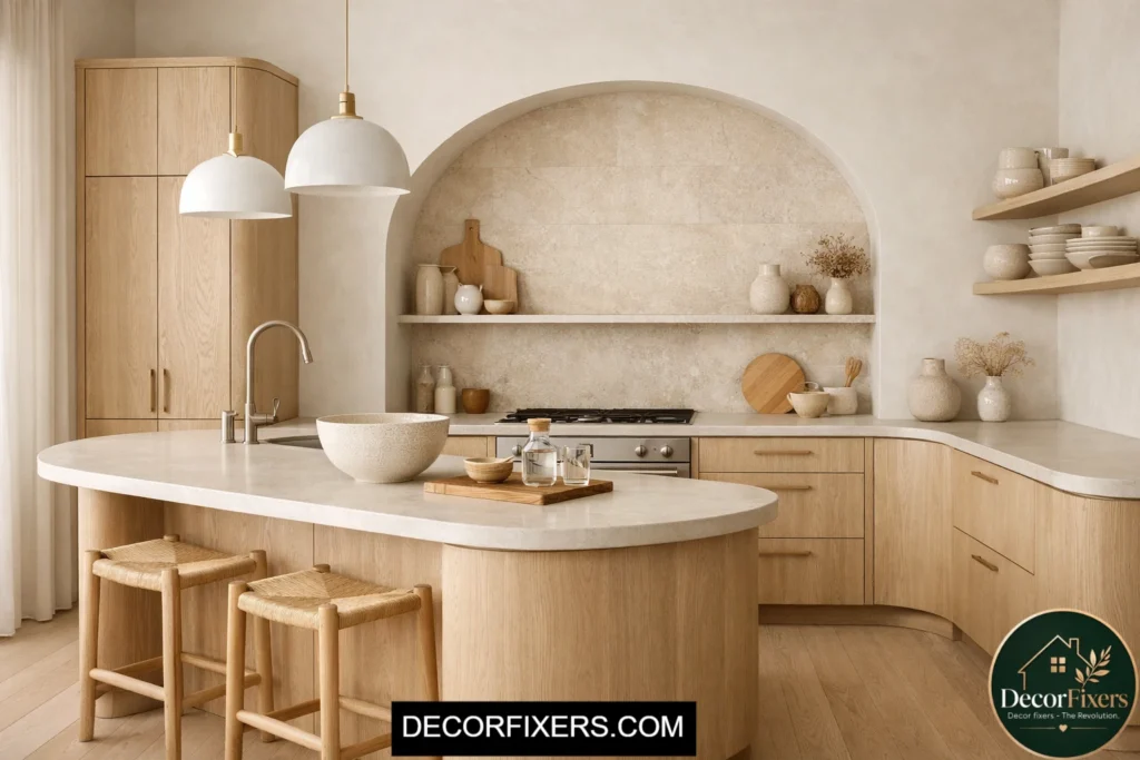 Curved Scandinavian kitchen island with organic shapes