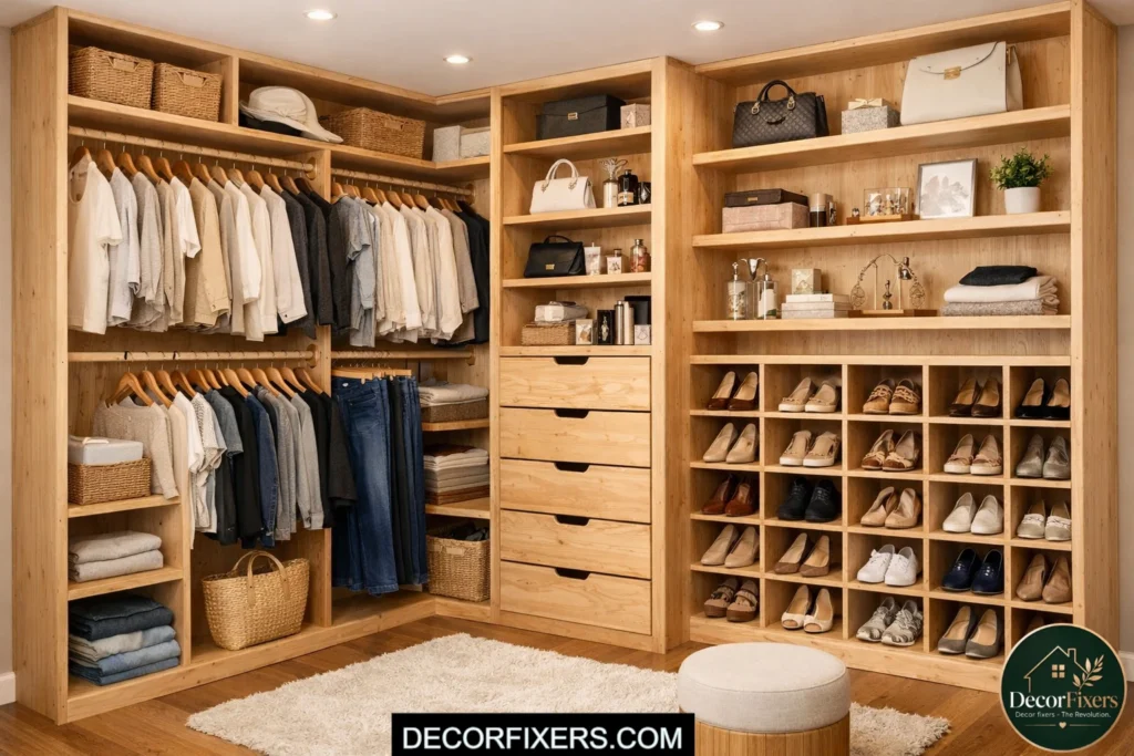 Full custom DIY closet system with shelves rods and cubbies under budget