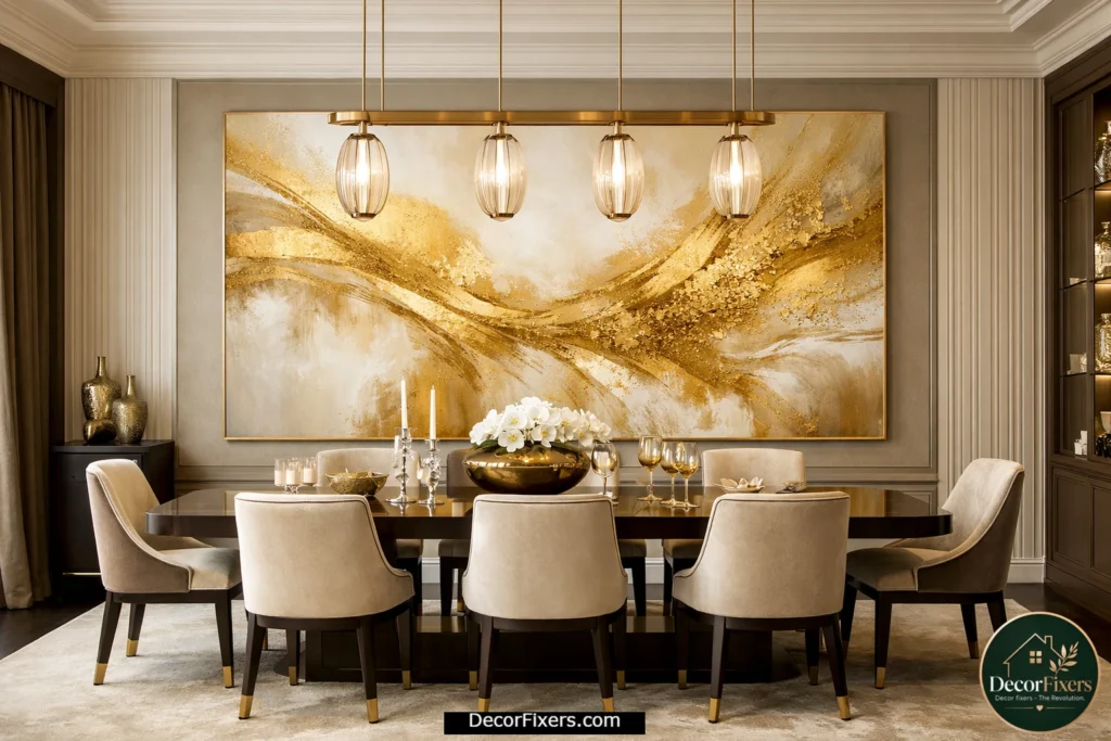 Custom commissioned gold abstract canvas designed specifically for a luxury dining room interior