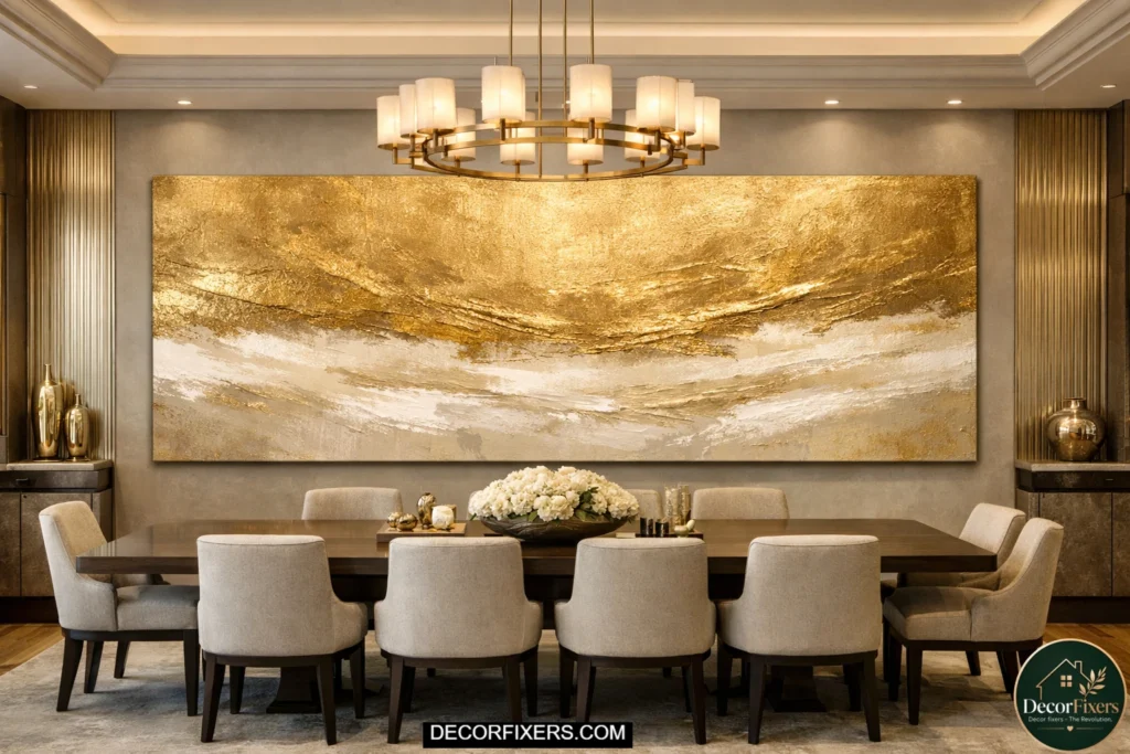 Custom-sized gold abstract canvas perfectly fitted in a modern dining room.