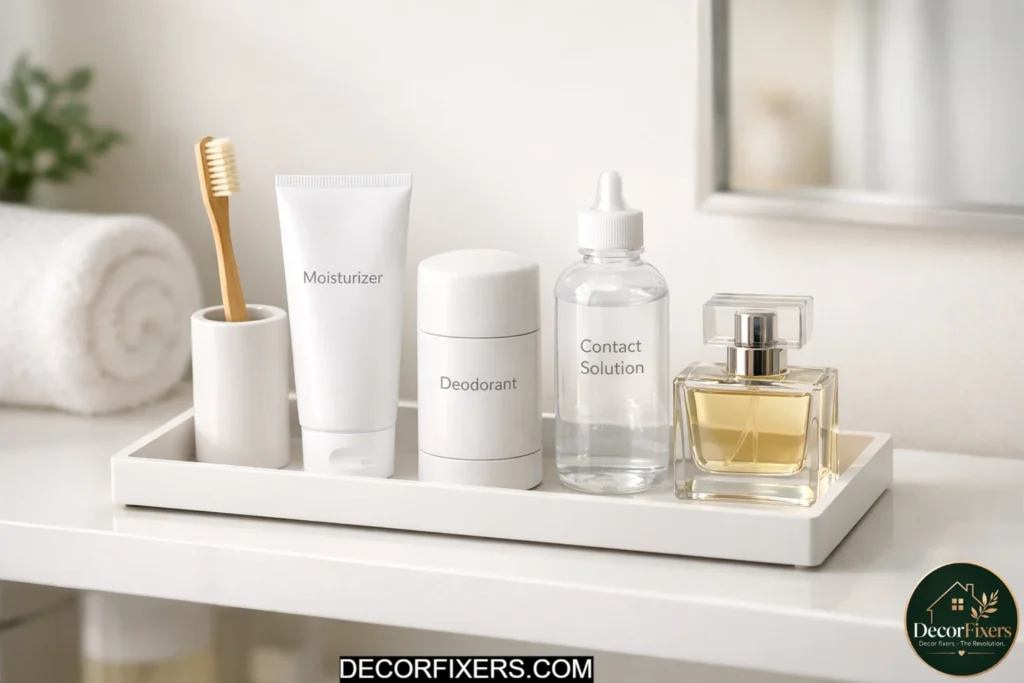 Daily essentials tray organized on front bathroom cabinet shelf