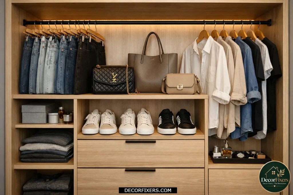 Closet daily grab zone with frequently used clothing and accessories.
