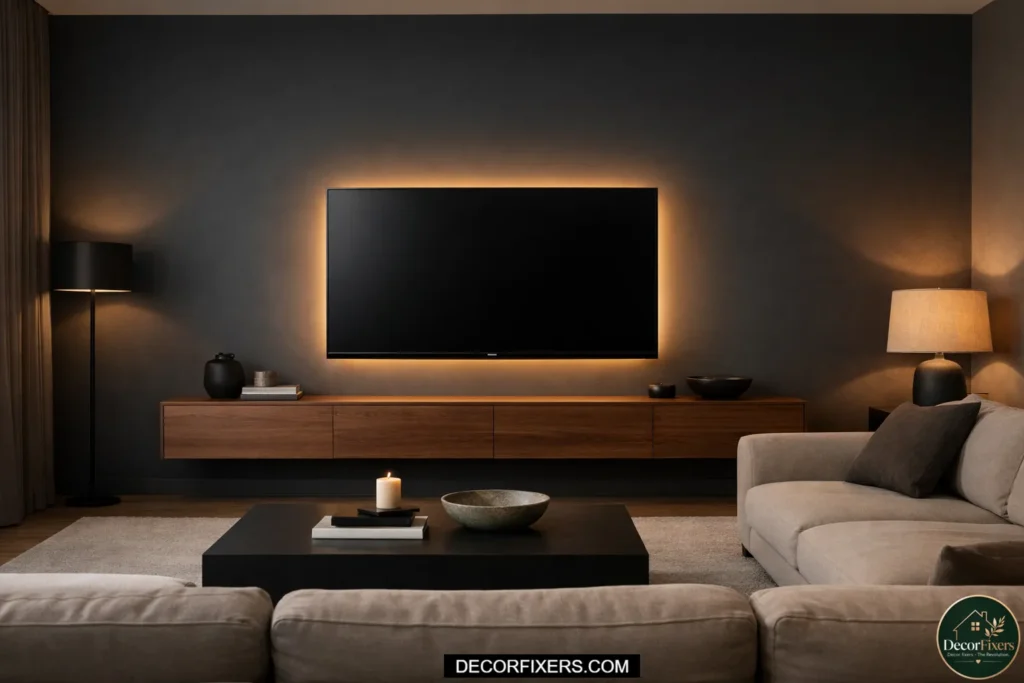 A minimalist living room TV wall with deep charcoal accent paint, a slim IKEA BESTÅ floating media console mounted at 16 inches from the floor, and a wall-mounted flat-screen TV