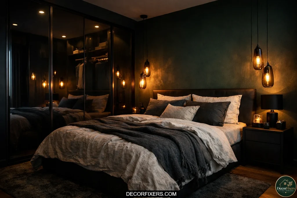 Dark charcoal sliding wardrobe in a moody modern bedroom.