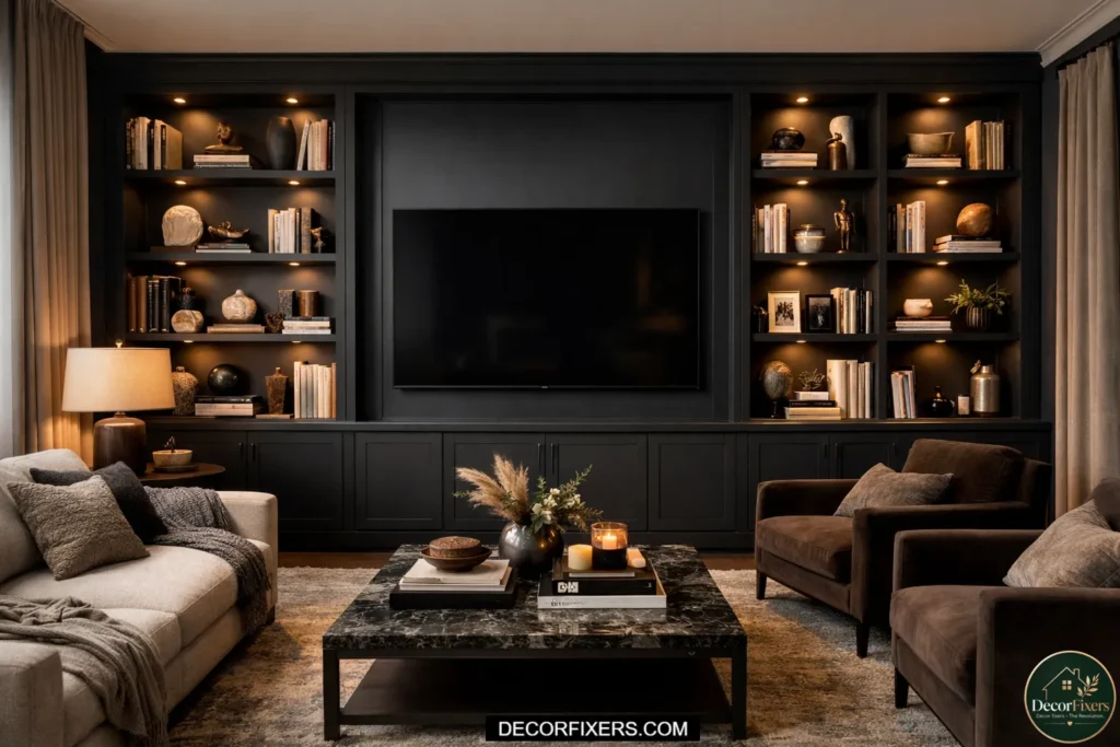 A full-wall dark navy built-in bookcase system with the TV anchored at center, flanked by open shelving filled with books, plants, and curated objects, painted in a single deep tone