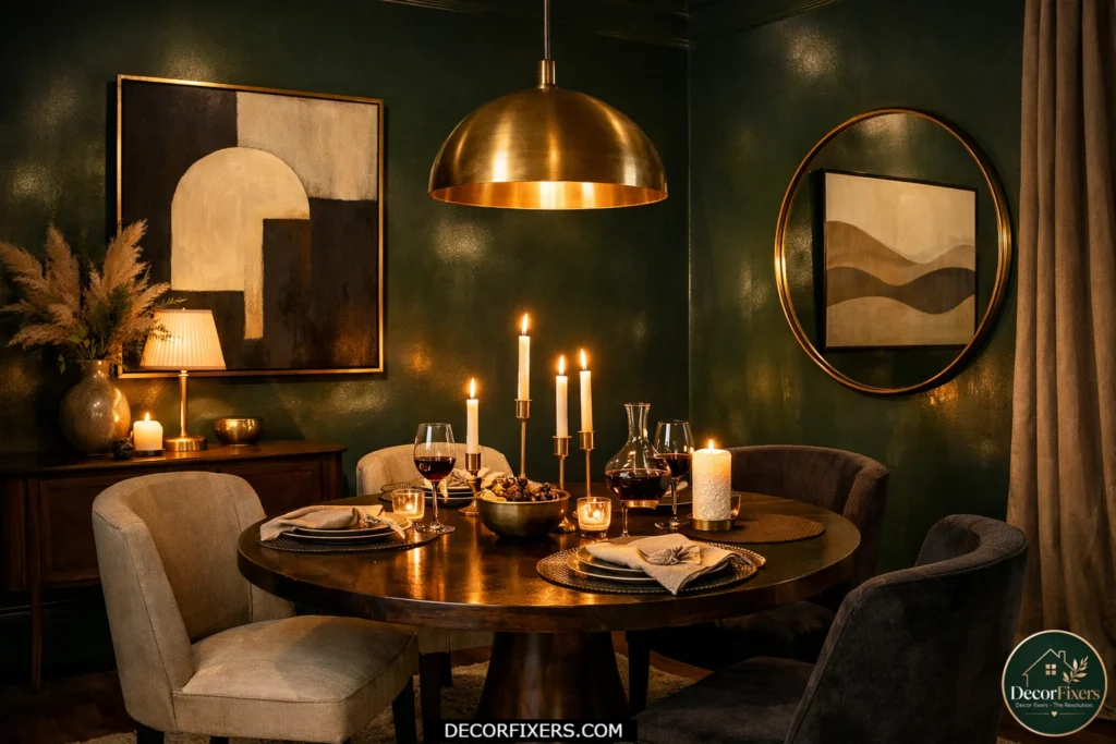 Small dining room with dark green walls and warm lighting for a cozy atmosphere.