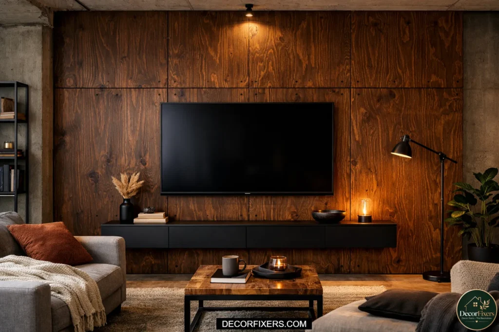 A dark-stained Baltic birch plywood panel TV wall with consistent matte sealer finish and crisp reveals between panels, with a wall-mounted TV centered in the composition