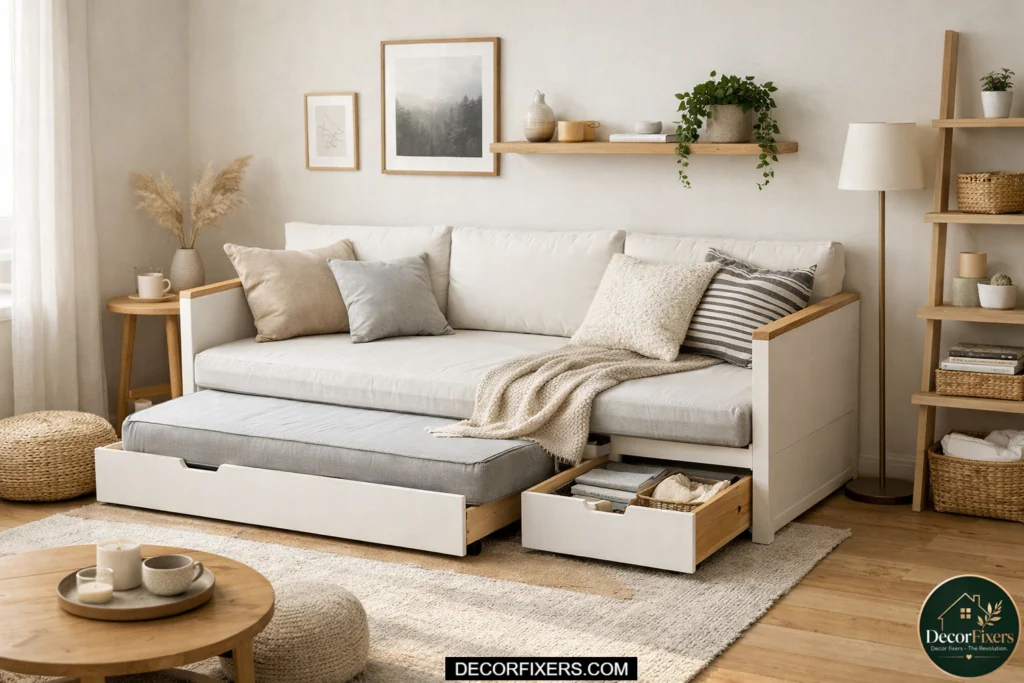 daybed sofa with storage in small multifunctional living room