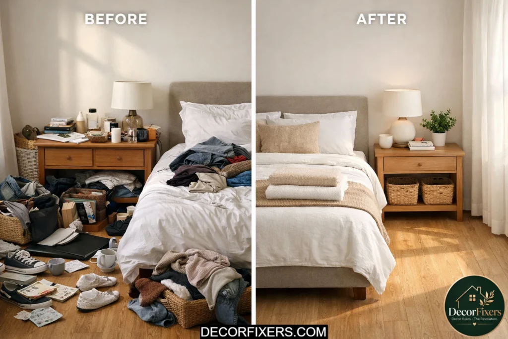 Clean and decluttered bedroom with organized minimalist decor on a budget