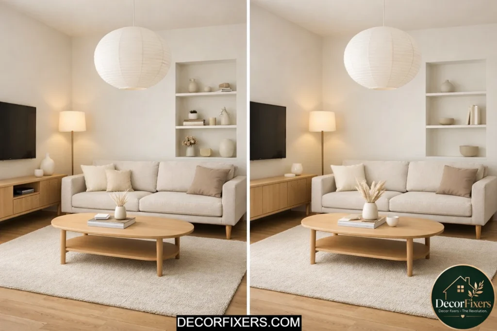 Decluttered minimalist living room showing before and after transformation