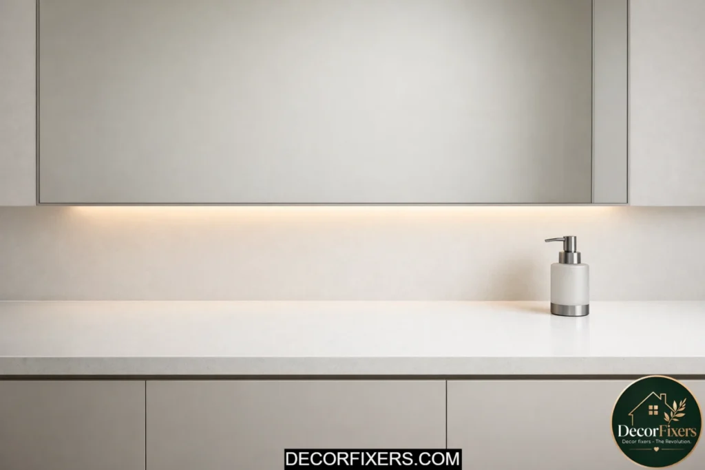 Minimalist bathroom counter with only a single soap dispenser and hidden storage solutions