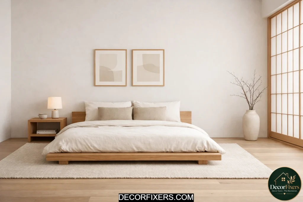 Minimal uncluttered Japandi bedroom with open calming space