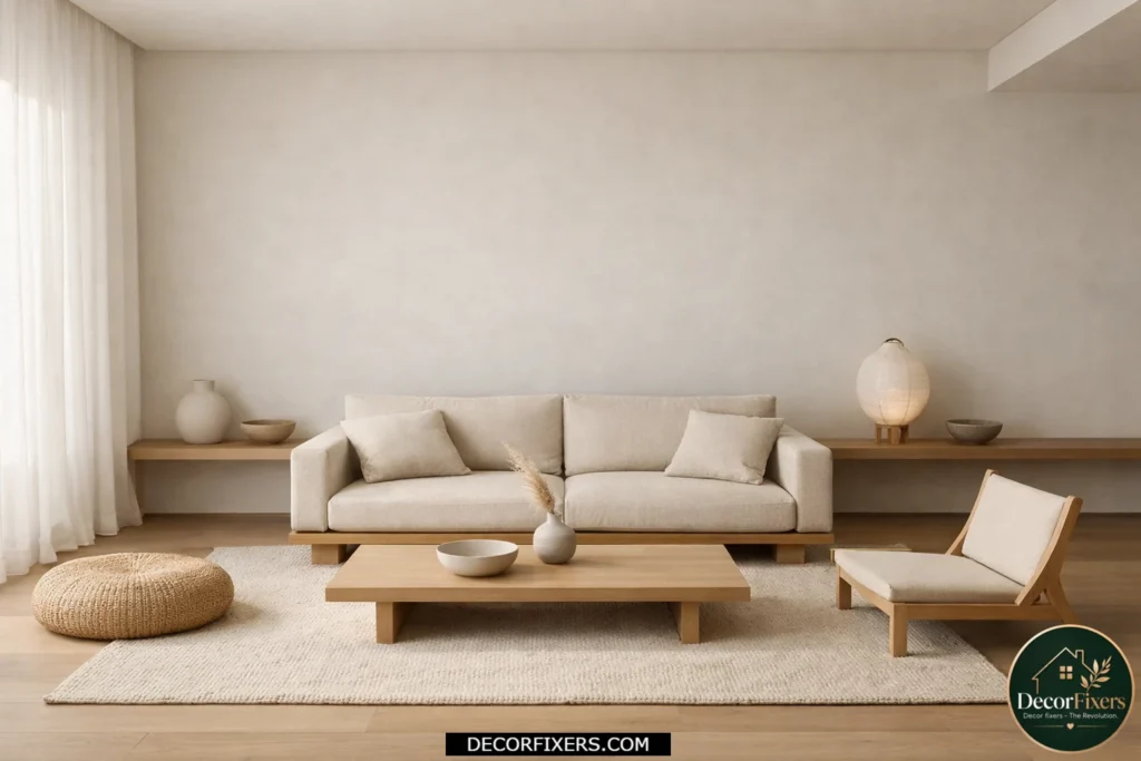 Clean decluttered Japandi living room with minimalist styling