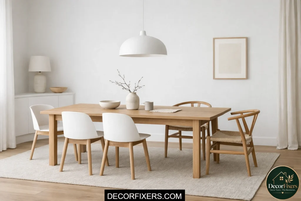Calm Scandinavian dining room with minimal clutter and intentional styling