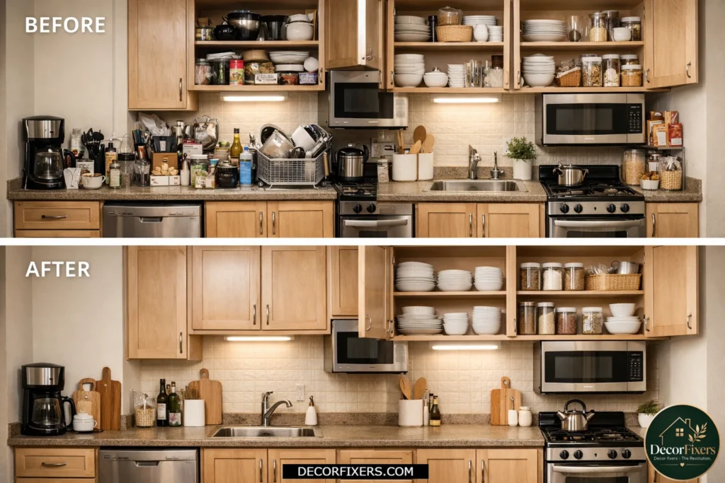 Decluttered small kitchen with clean counters and organized storage systems.