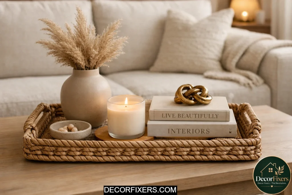 Decorative tray organizing living room coffee table surface